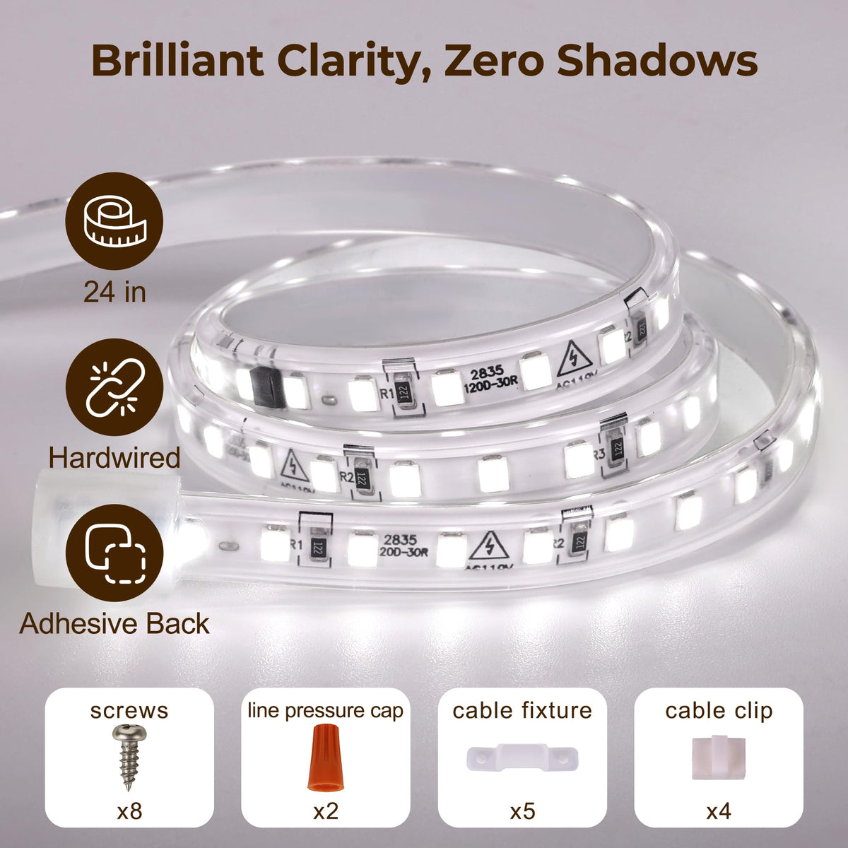 24inch 120V Wired Under Cabinet LED Strip Lights 6000K White Waterproof J581027
