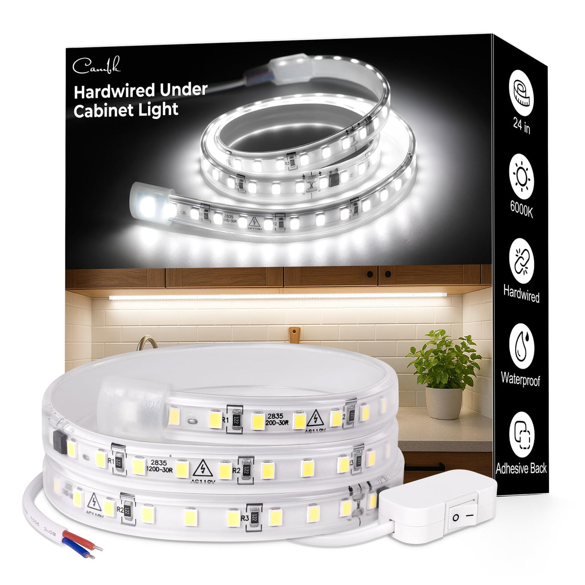 24inch 120V Wired Under Cabinet LED Strip Lights 6000K White Waterproof J581027