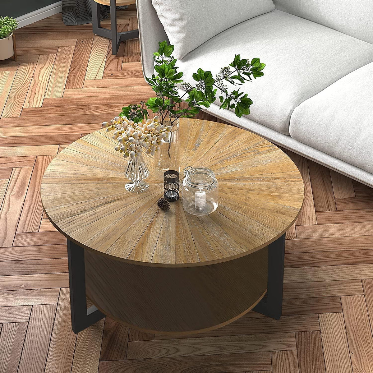 33.5" Round 2-Tier Wood Coffee Table with Storage S83800