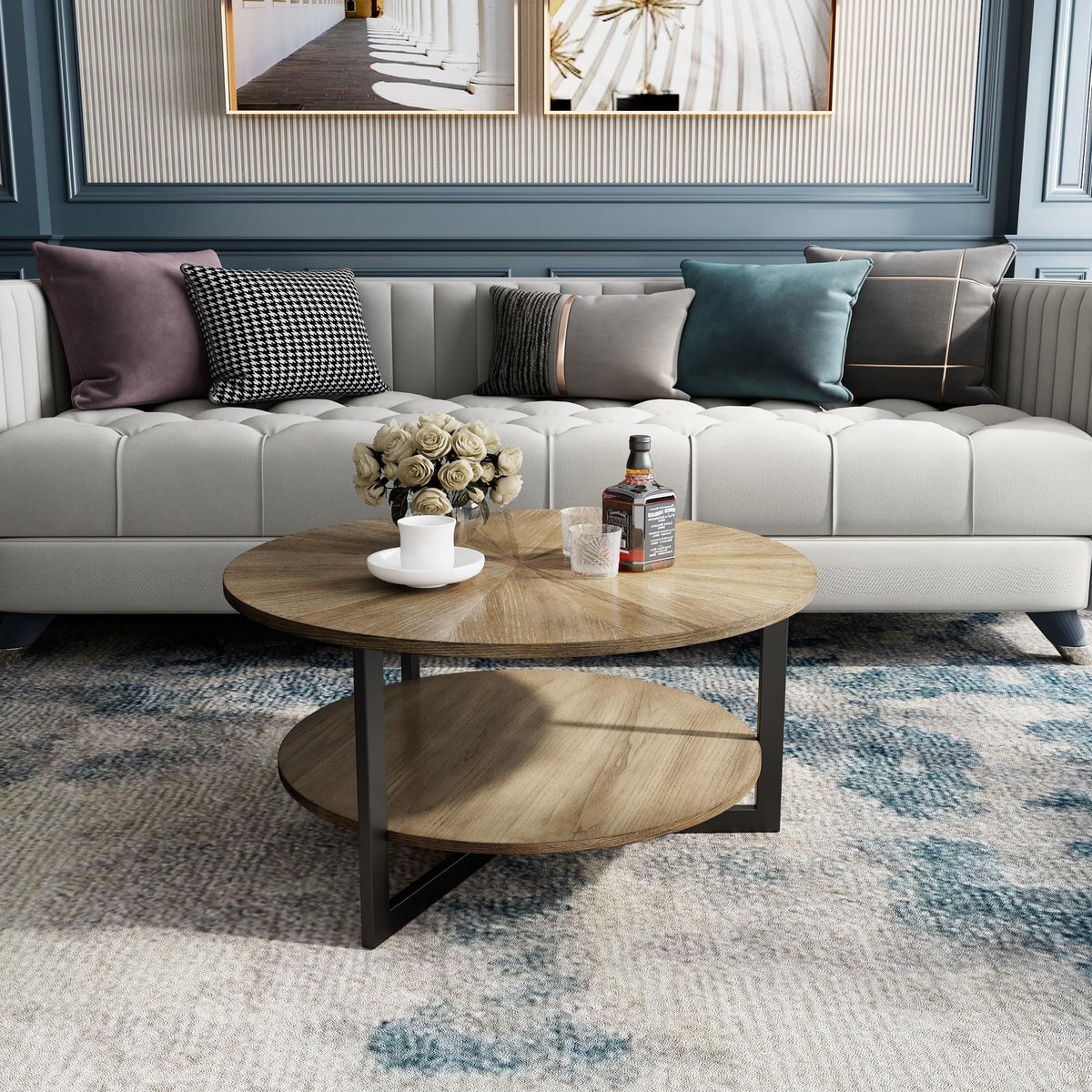 33.5" Round 2-Tier Wood Coffee Table with Storage S83800