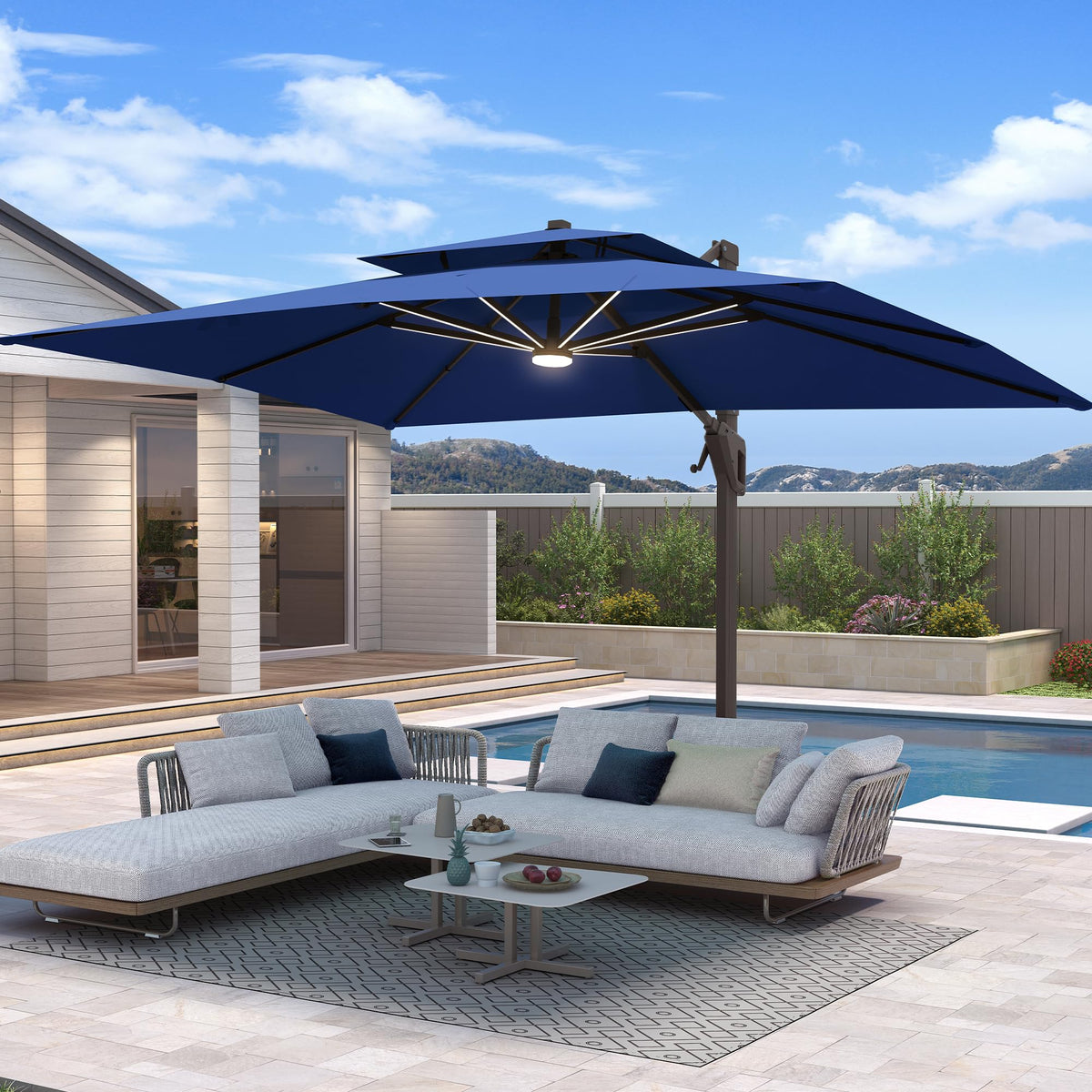 10 X 13 FT Cantilever Patio Umbrella with Base & Lights Y4886